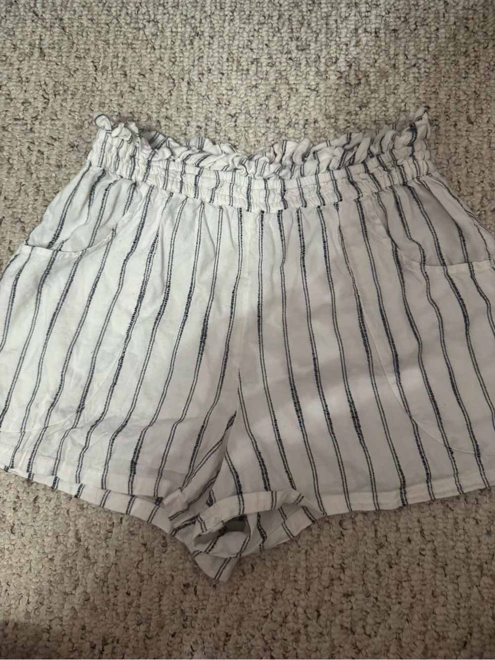 O'Neill White Shorts with Navy Vertical Stripes and Paperbag Waist